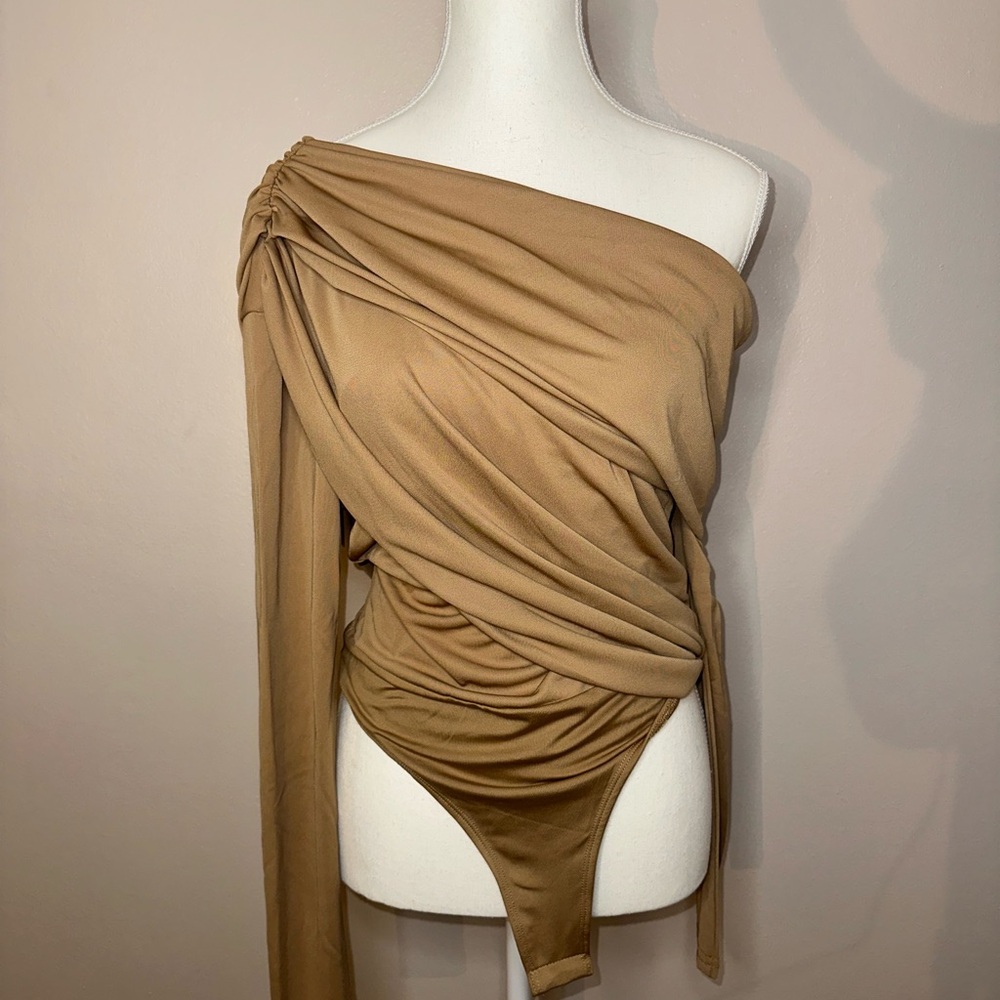 Elegant Tan Off-Shoulder Bodysuit Women's Top